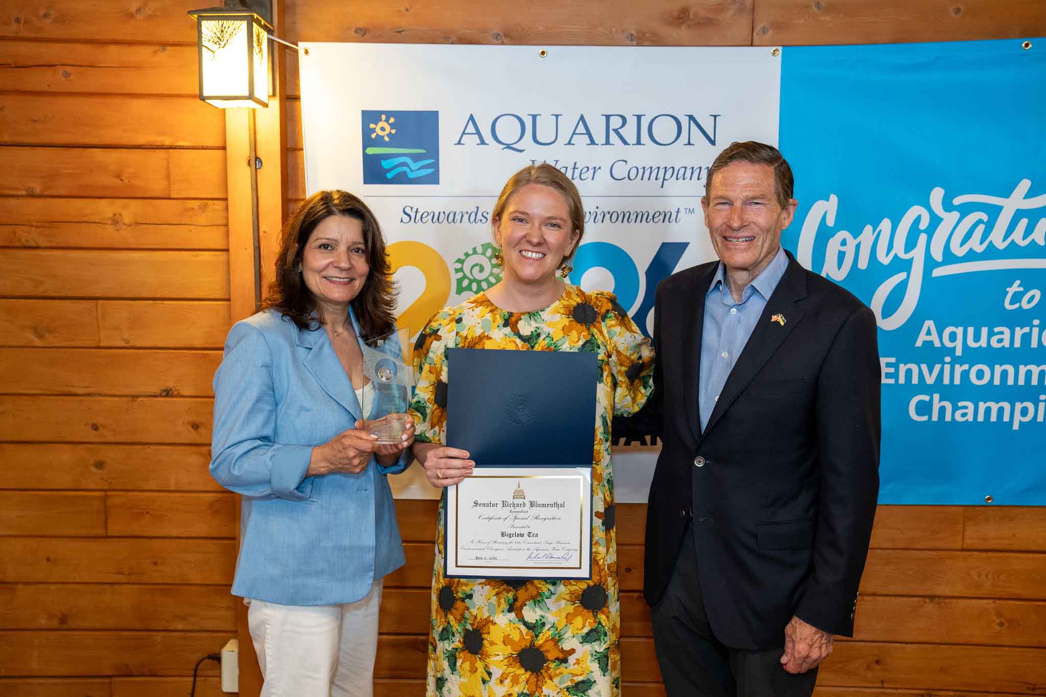 big-business-winner PHOTO (left to right): Lucy Teixeira, President of Aquarion Water Company; Rachel Ristau, Corporate Social Responsibility Manager for Bigelow Tea; and U.S. Senator Richard Blumenthal.